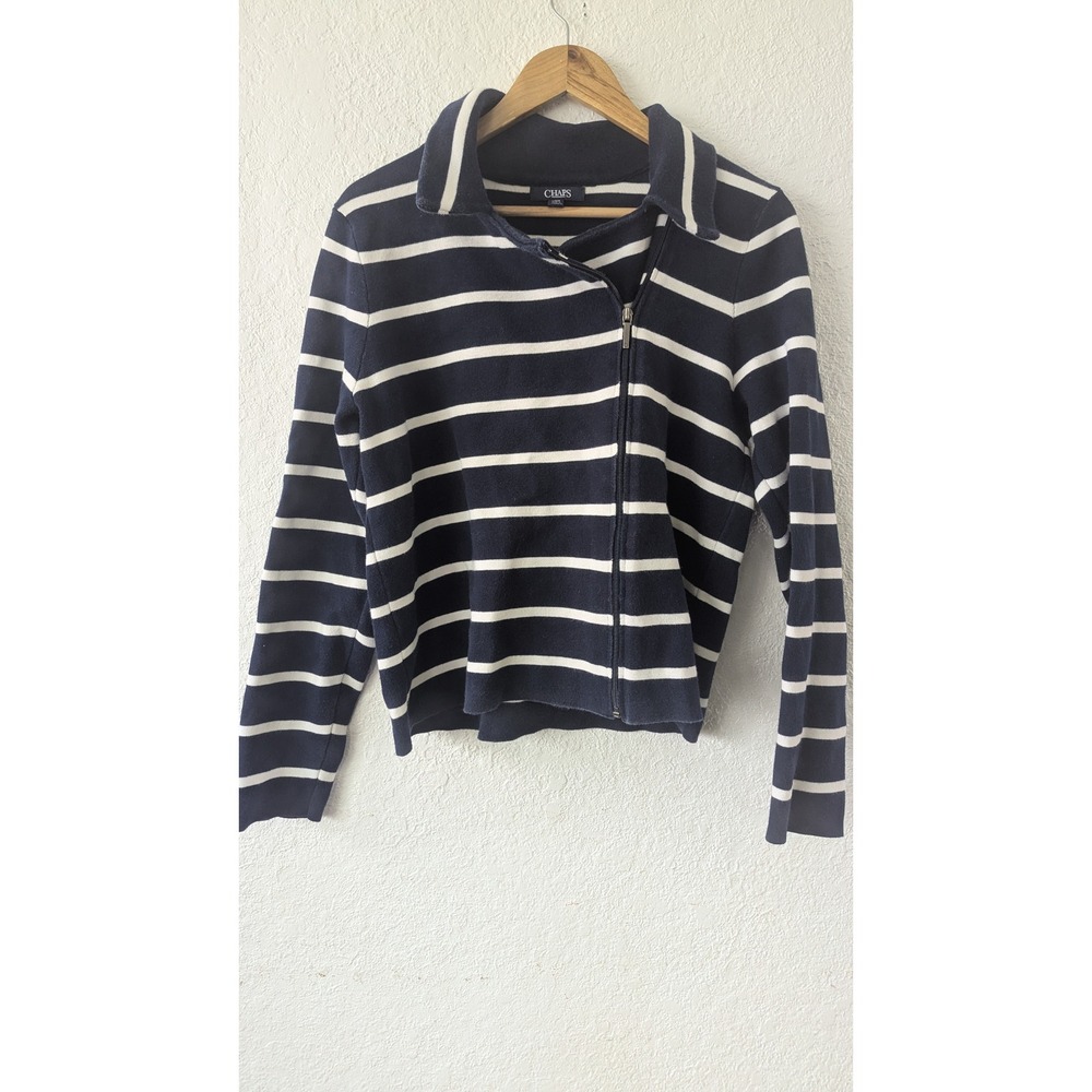 Chaps Womens Navy‎ Blue White Striped Asymmetrical Zip Collared Cardigan Large